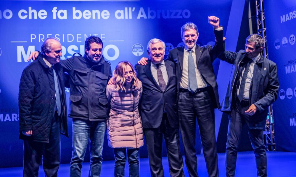 Marco Marsilio con Cesa, Salvini, Meloni, Tajani e Lupi (© Fotogramma -. Giampiero Marcocci)