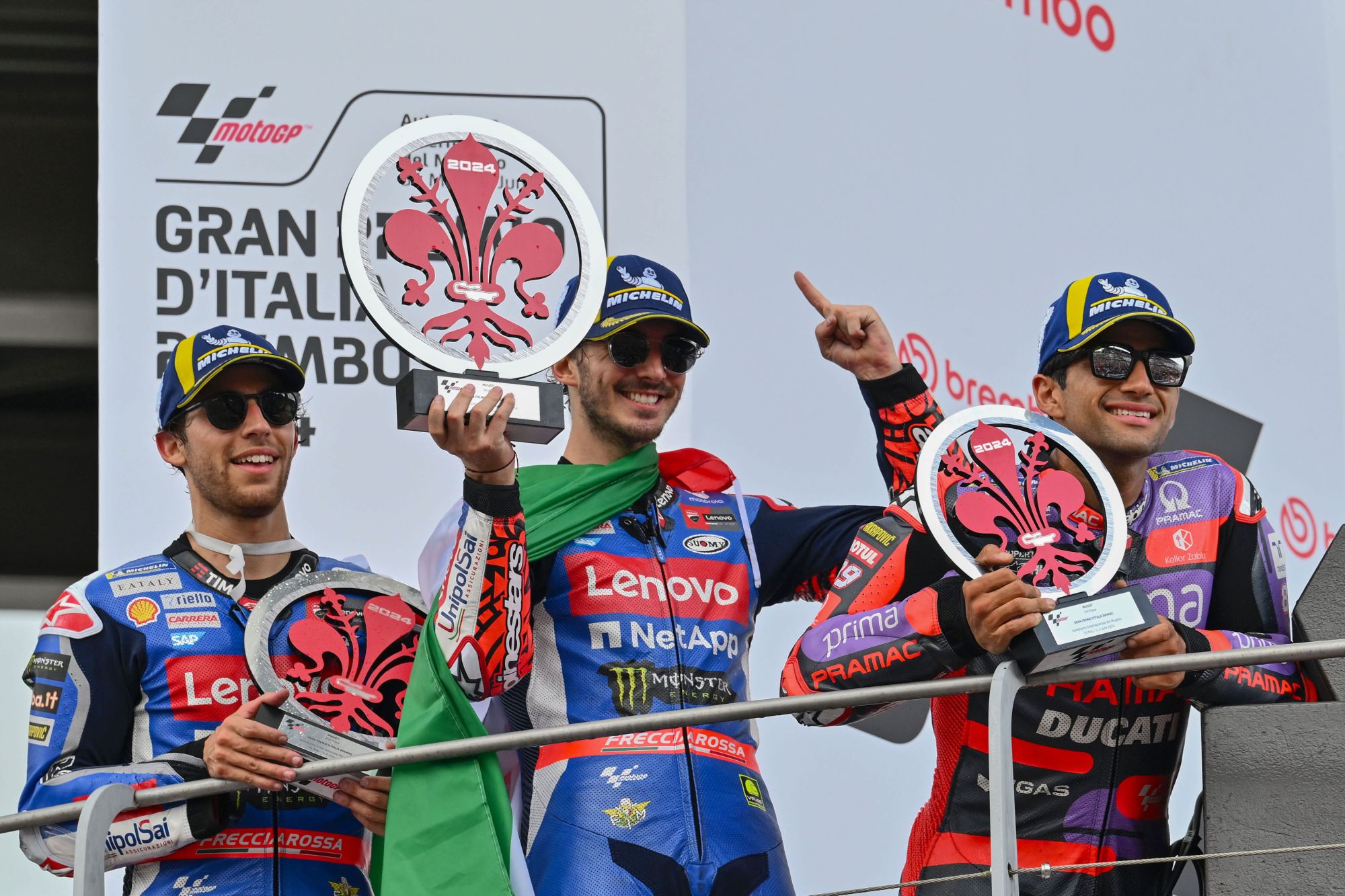 Il podio del GP del Mugello: Bastianini (2°), Bagnaia (1°) e Martin (3°)