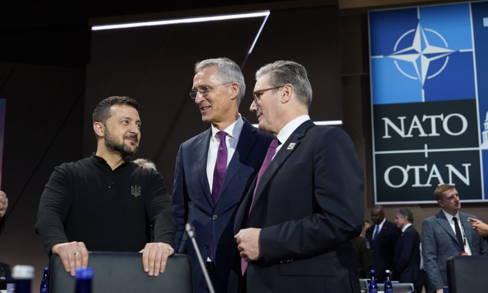 Volodymyr Zelenskyy, President of Ukraine; Jens Stoltenberg, Secretary General of the North Atlantic Treaty Organization (NATO); and Kier Starmer, Prime Minister of the United Kingdom