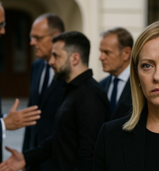 Giorgia Meloni in primo piano con espressione seria; sullo sfondo sfocato i leader europei dialogano tra loro, senza di lei.
