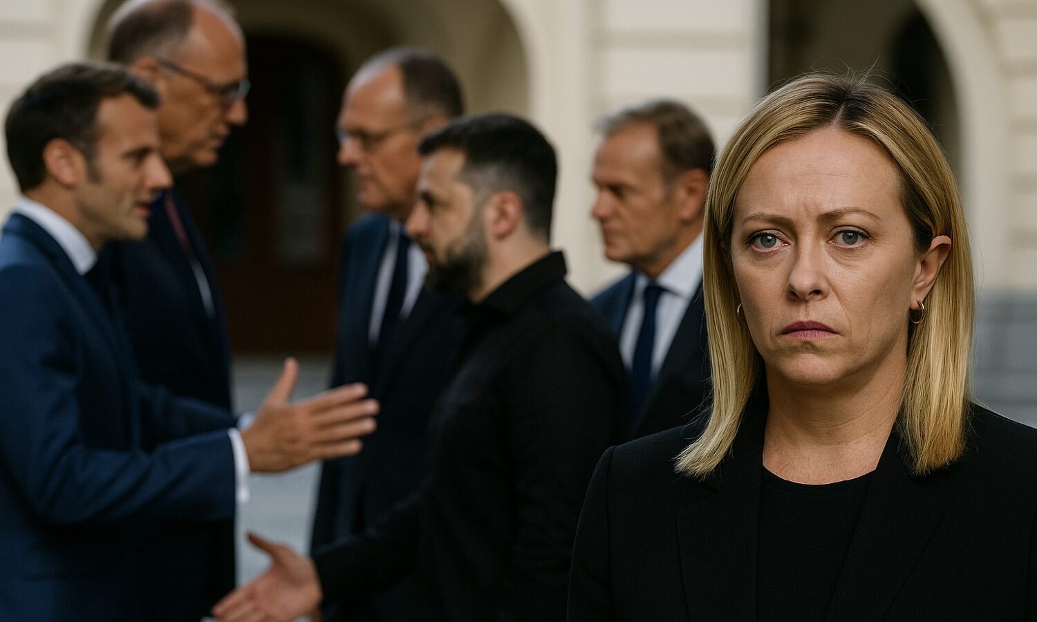 Giorgia Meloni in primo piano con espressione seria; sullo sfondo sfocato i leader europei dialogano tra loro, senza di lei.