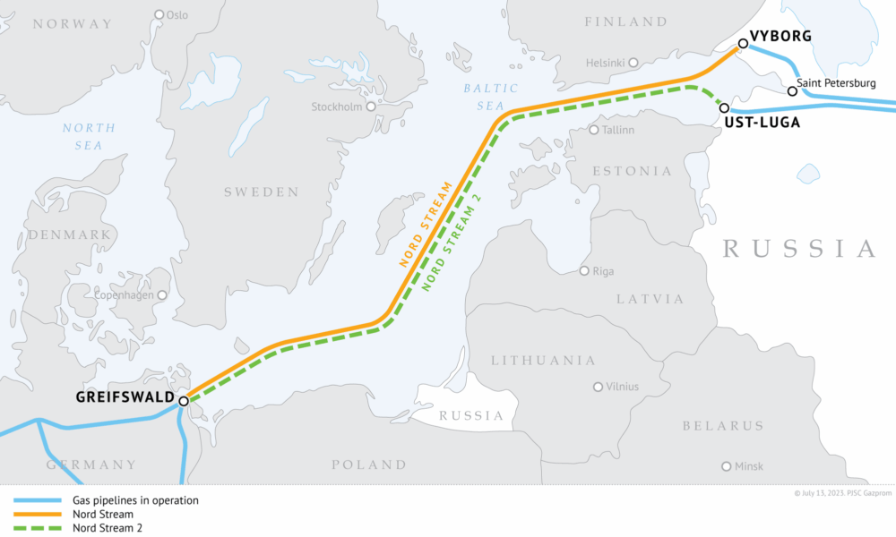 Mappa dettagliata del gasdotto Nord Stream 2 che collega la Russia alla Germania attraversando il Mar Baltico