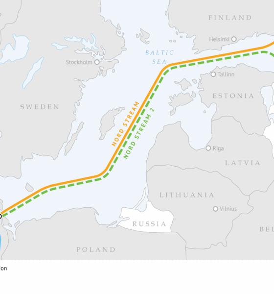 Mappa dettagliata del gasdotto Nord Stream 2 che collega la Russia alla Germania attraversando il Mar Baltico