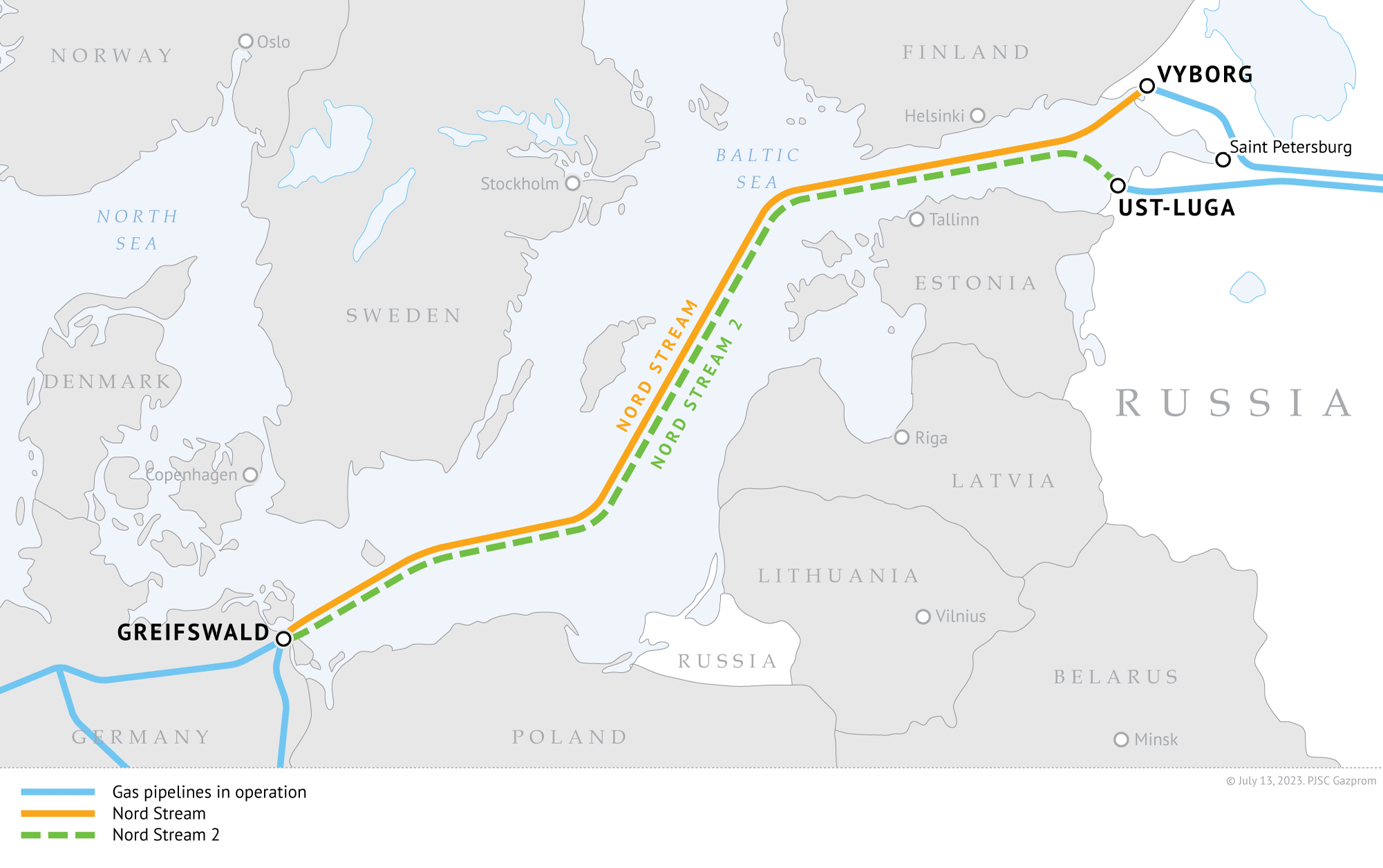 Mappa dettagliata del gasdotto Nord Stream 2 che collega la Russia alla Germania attraversando il Mar Baltico