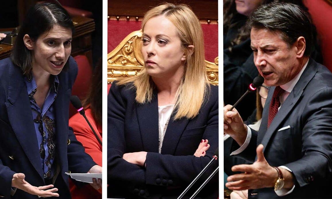 Elly Schlein, Giorgia Meloni e Giuseppe Conte