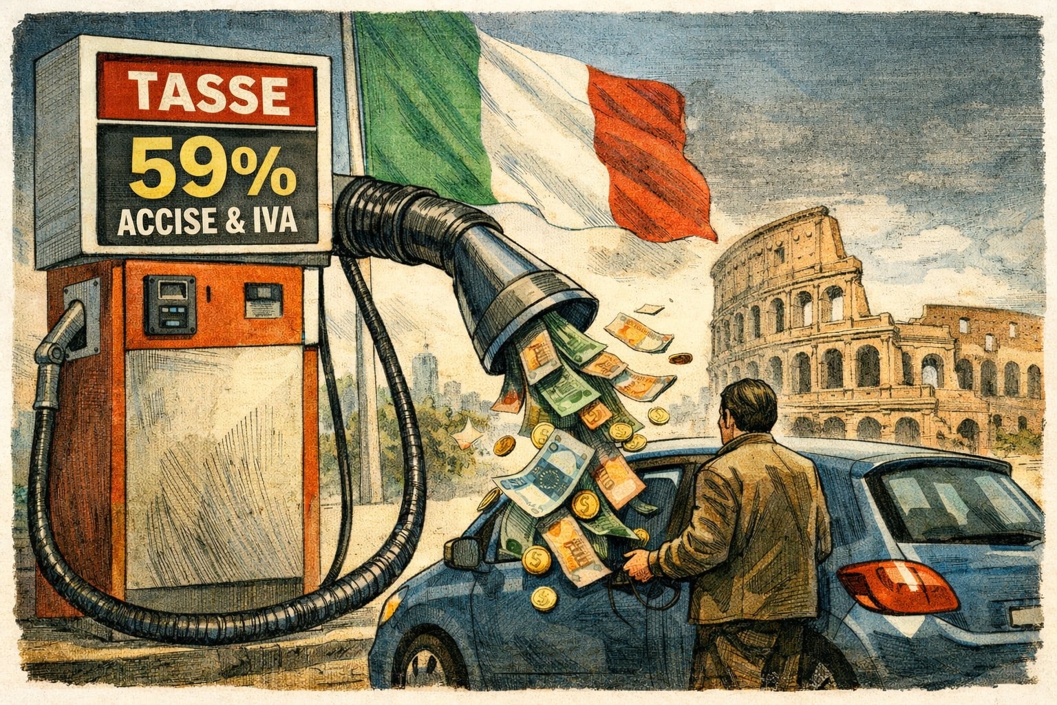 Il diesel italiano è il più tassato d’Europa, 59% del prezzo alla pompa è composto da accise e IVA