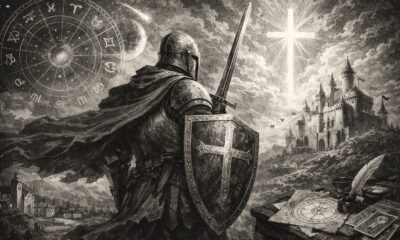 Illustrazione in stile Gustave Doré di un cavaliere medievale con scudo e spada, rivolto verso una croce luminosa nel cielo mentre ignora i simboli dell’oroscopo