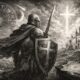 Illustrazione in stile Gustave Doré di un cavaliere medievale con scudo e spada, rivolto verso una croce luminosa nel cielo mentre ignora i simboli dell’oroscopo