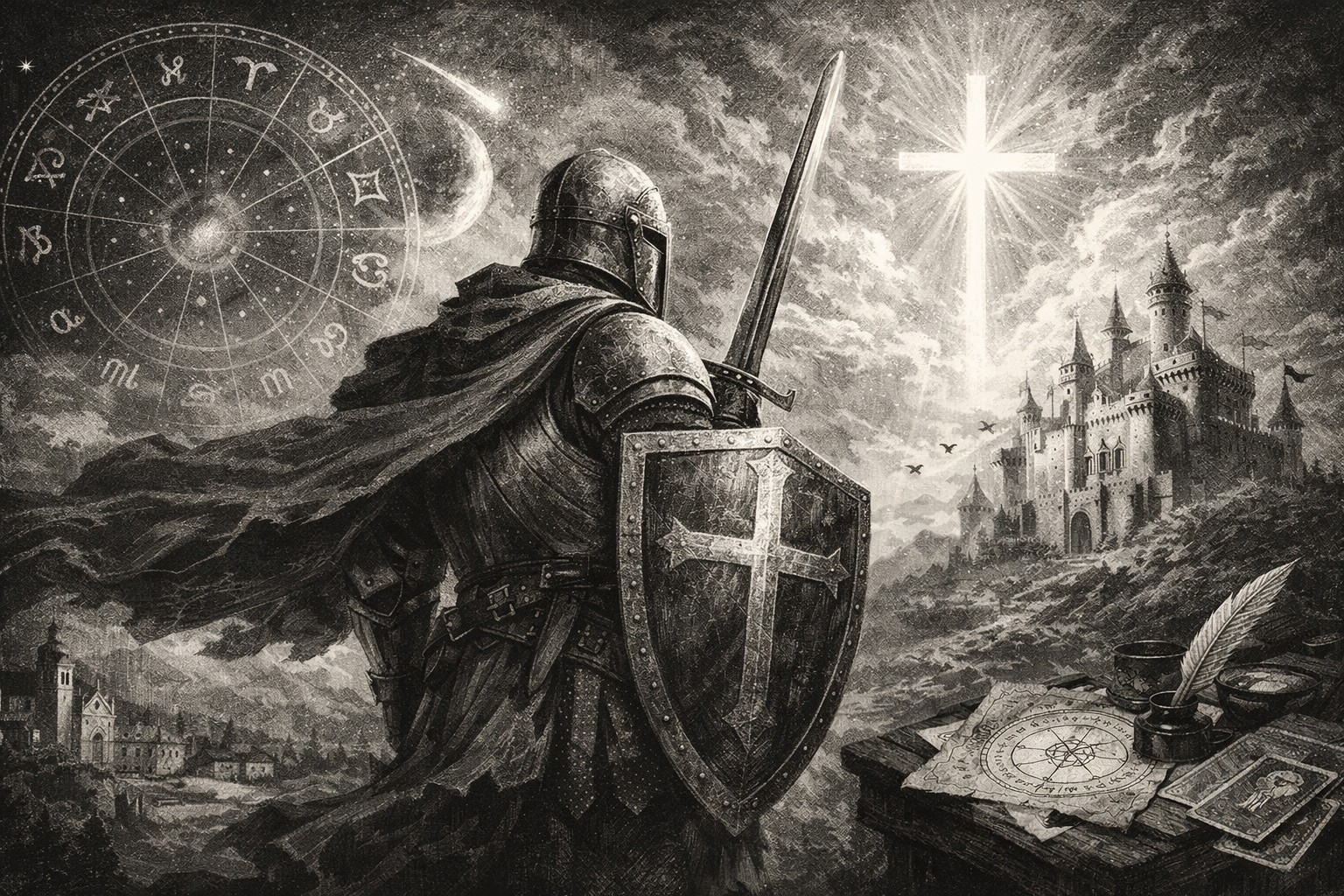 Illustrazione in stile Gustave Doré di un cavaliere medievale con scudo e spada, rivolto verso una croce luminosa nel cielo mentre ignora i simboli dell’oroscopo