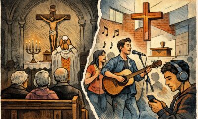 Contrasto tra una chiesa tradizionale con fedeli anziani in preghiera e una chiesa moderna con musica e giovani distratti durante la messa