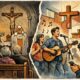 Contrasto tra una chiesa tradizionale con fedeli anziani in preghiera e una chiesa moderna con musica e giovani distratti durante la messa
