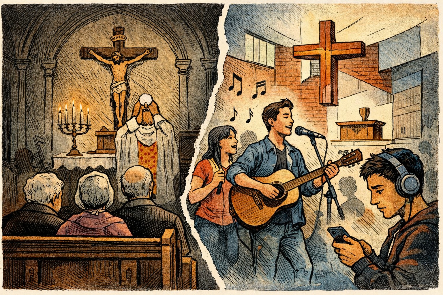Contrasto tra una chiesa tradizionale con fedeli anziani in preghiera e una chiesa moderna con musica e giovani distratti durante la messa