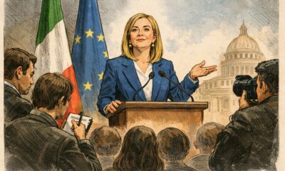 Giorgia Meloni durante una conferenza stampa a Palazzo Chigi, con bandiere italiana ed europea e giornalisti sullo sfondo