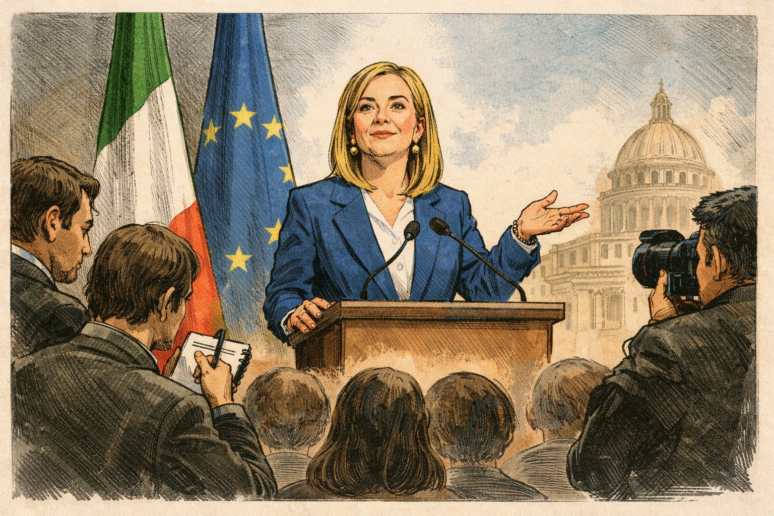 Giorgia Meloni durante una conferenza stampa a Palazzo Chigi, con bandiere italiana ed europea e giornalisti sullo sfondo