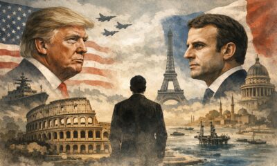 Illustrazione geopolitica con Donald Trump e Emmanuel Macron contrapposti, mentre l’Italia osserva tra Colosseo e Mediterraneo, simbolo della scelta strategica italiana.