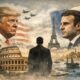 Illustrazione geopolitica con Donald Trump e Emmanuel Macron contrapposti, mentre l’Italia osserva tra Colosseo e Mediterraneo, simbolo della scelta strategica italiana.
