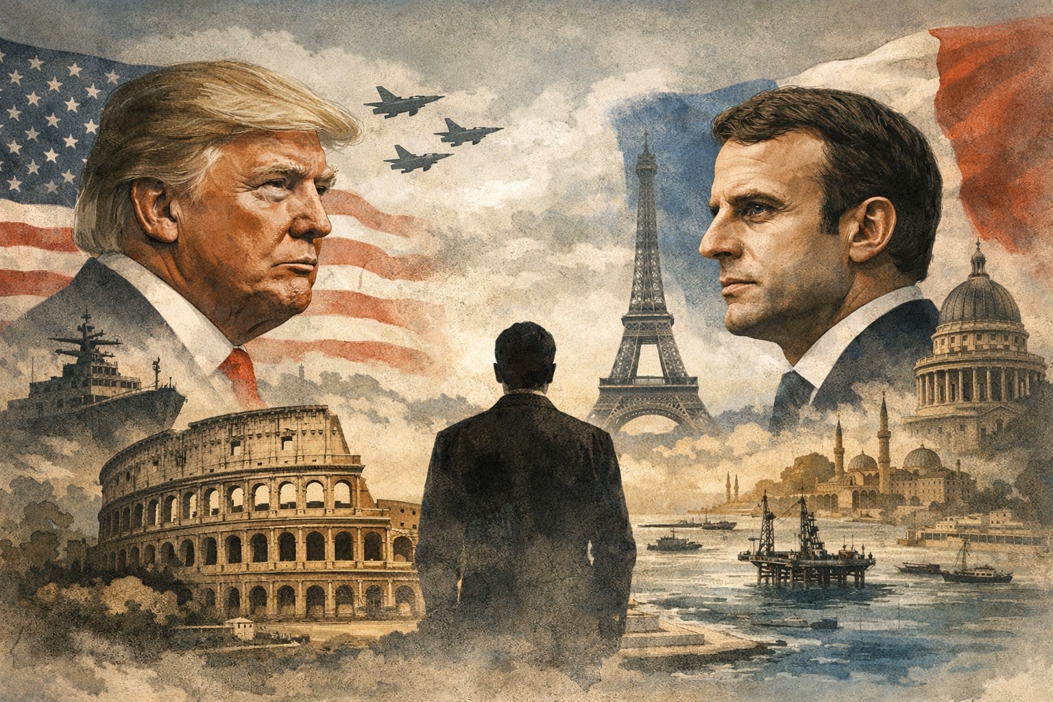 Illustrazione geopolitica con Donald Trump e Emmanuel Macron contrapposti, mentre l’Italia osserva tra Colosseo e Mediterraneo, simbolo della scelta strategica italiana.