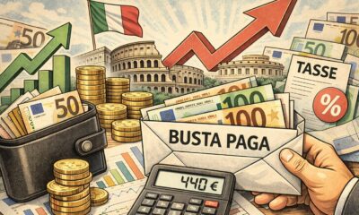 Illustrazione editoriale sul tema stipendi 2026 in Italia con busta paga, euro, calcolatrice e simboli fiscali dopo il taglio Irpef