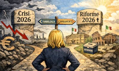 Illustrazione editoriale in stile New York Times: Giorgia Meloni di spalle a un bivio nel 2026, tra crisi economica e riforme istituzionali, con Palazzo Chigi e simboli dell’Italia sullo sfondo.