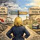 Illustrazione editoriale in stile New York Times: Giorgia Meloni di spalle a un bivio nel 2026, tra crisi economica e riforme istituzionali, con Palazzo Chigi e simboli dell’Italia sullo sfondo.