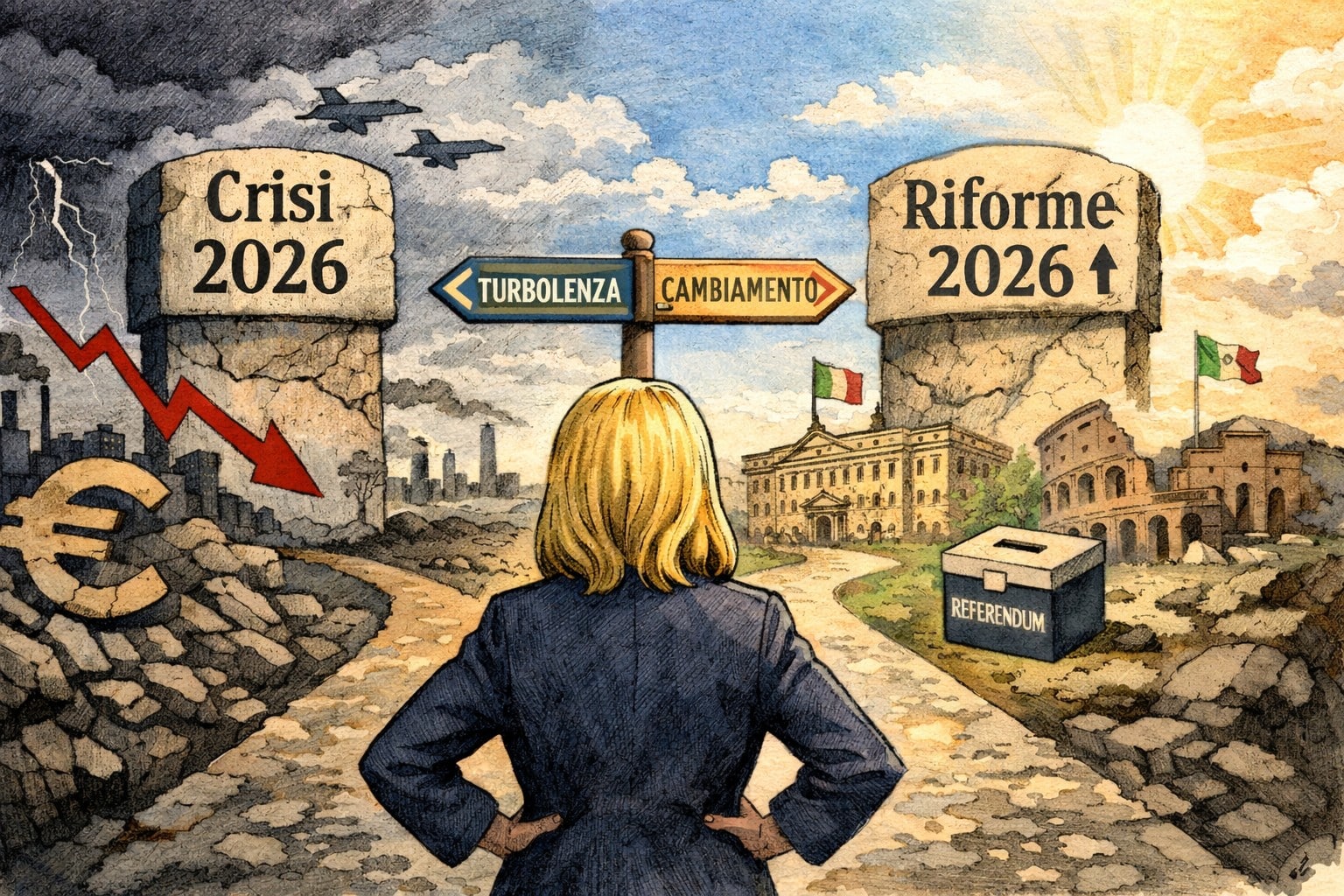 Illustrazione editoriale in stile New York Times: Giorgia Meloni di spalle a un bivio nel 2026, tra crisi economica e riforme istituzionali, con Palazzo Chigi e simboli dell’Italia sullo sfondo.
