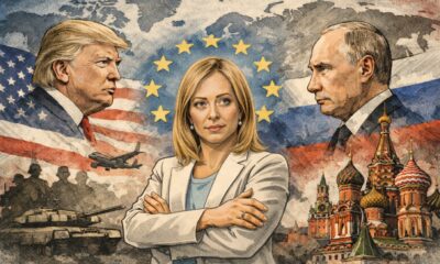 Illustrazione di Giorgia Meloni tra Donald Trump e Vladimir Putin, simbolo della posizione dell’Italia tra alleanza atlantica e tensioni geopolitiche