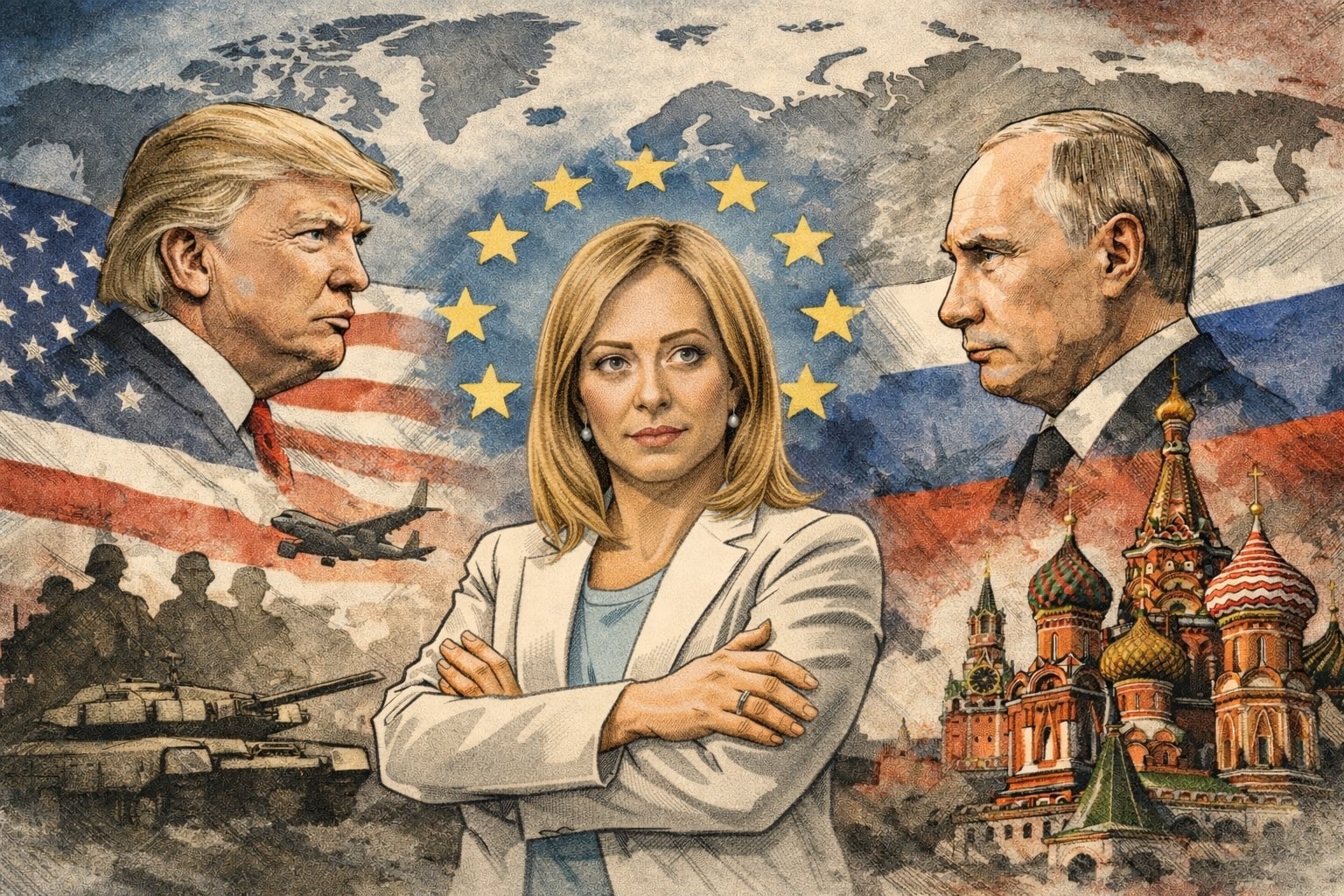 Illustrazione di Giorgia Meloni tra Donald Trump e Vladimir Putin, simbolo della posizione dell’Italia tra alleanza atlantica e tensioni geopolitiche