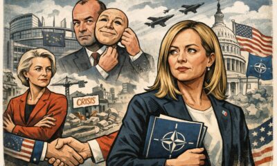 Illustrazione politica di Giorgia Meloni tra Ursula von der Leyen e i simboli di NATO e Stati Uniti, con il Parlamento europeo sullo sfondo in crisi.