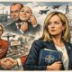 Illustrazione politica di Giorgia Meloni tra Ursula von der Leyen e i simboli di NATO e Stati Uniti, con il Parlamento europeo sullo sfondo in crisi.