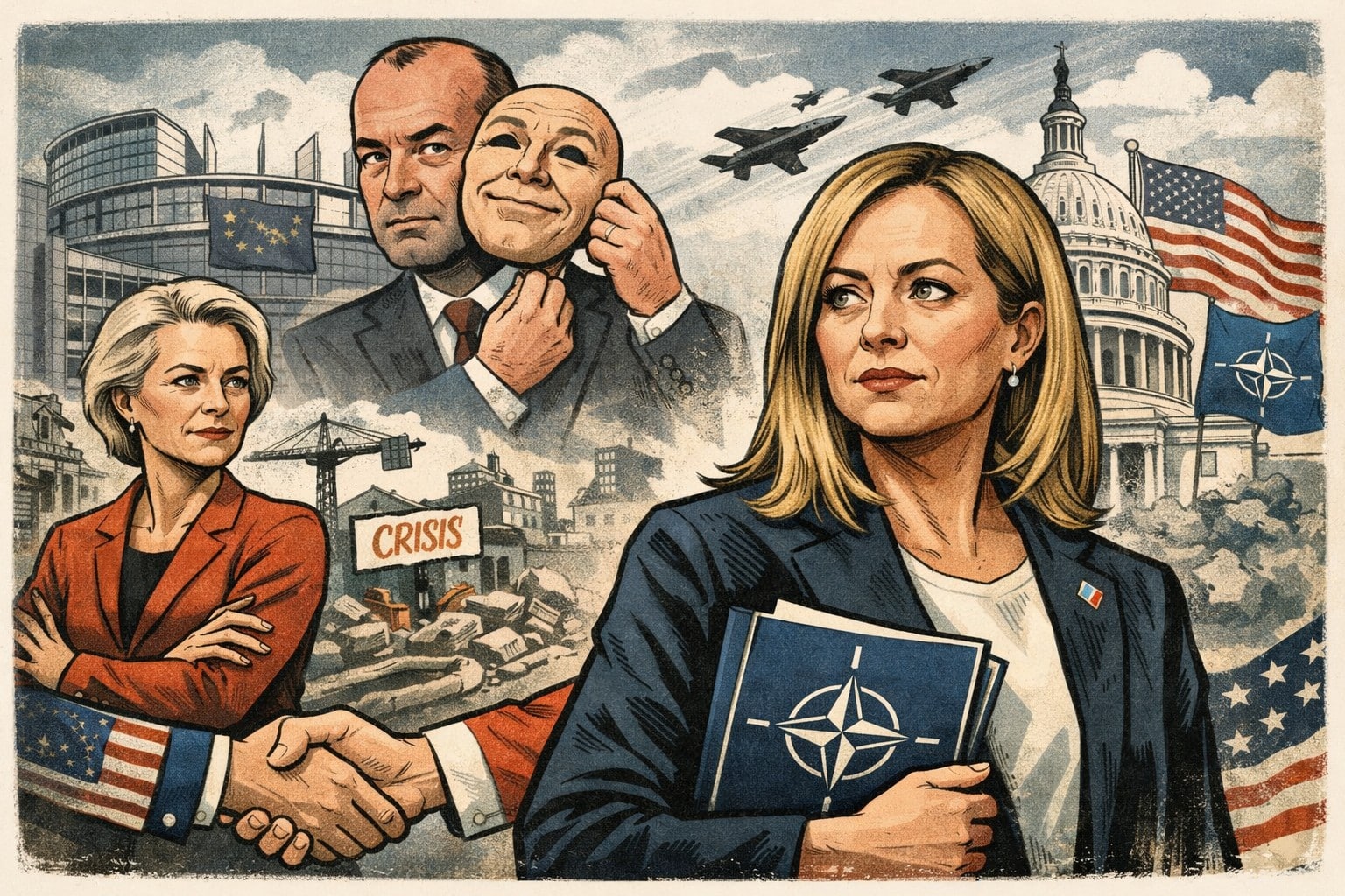 Illustrazione politica di Giorgia Meloni tra Ursula von der Leyen e i simboli di NATO e Stati Uniti, con il Parlamento europeo sullo sfondo in crisi.