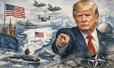 Donald Trump indica l’Artico con la Groenlandia sullo sfondo, tra bandiere USA, NATO ed Europa, simbolo delle nuove tensioni geopolitiche globali.