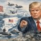 Donald Trump indica l’Artico con la Groenlandia sullo sfondo, tra bandiere USA, NATO ed Europa, simbolo delle nuove tensioni geopolitiche globali.