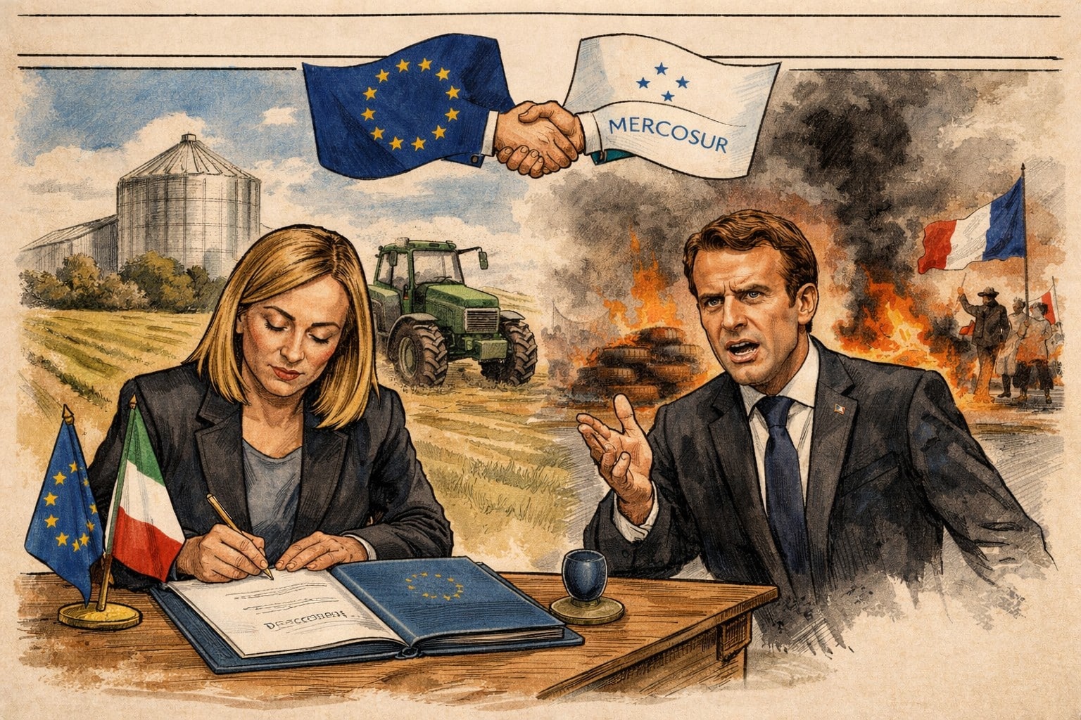Giorgia Meloni firma l’accordo UE-Mercosur mentre sullo sfondo l’agricoltura italiana è protetta e in Francia infuriano le proteste