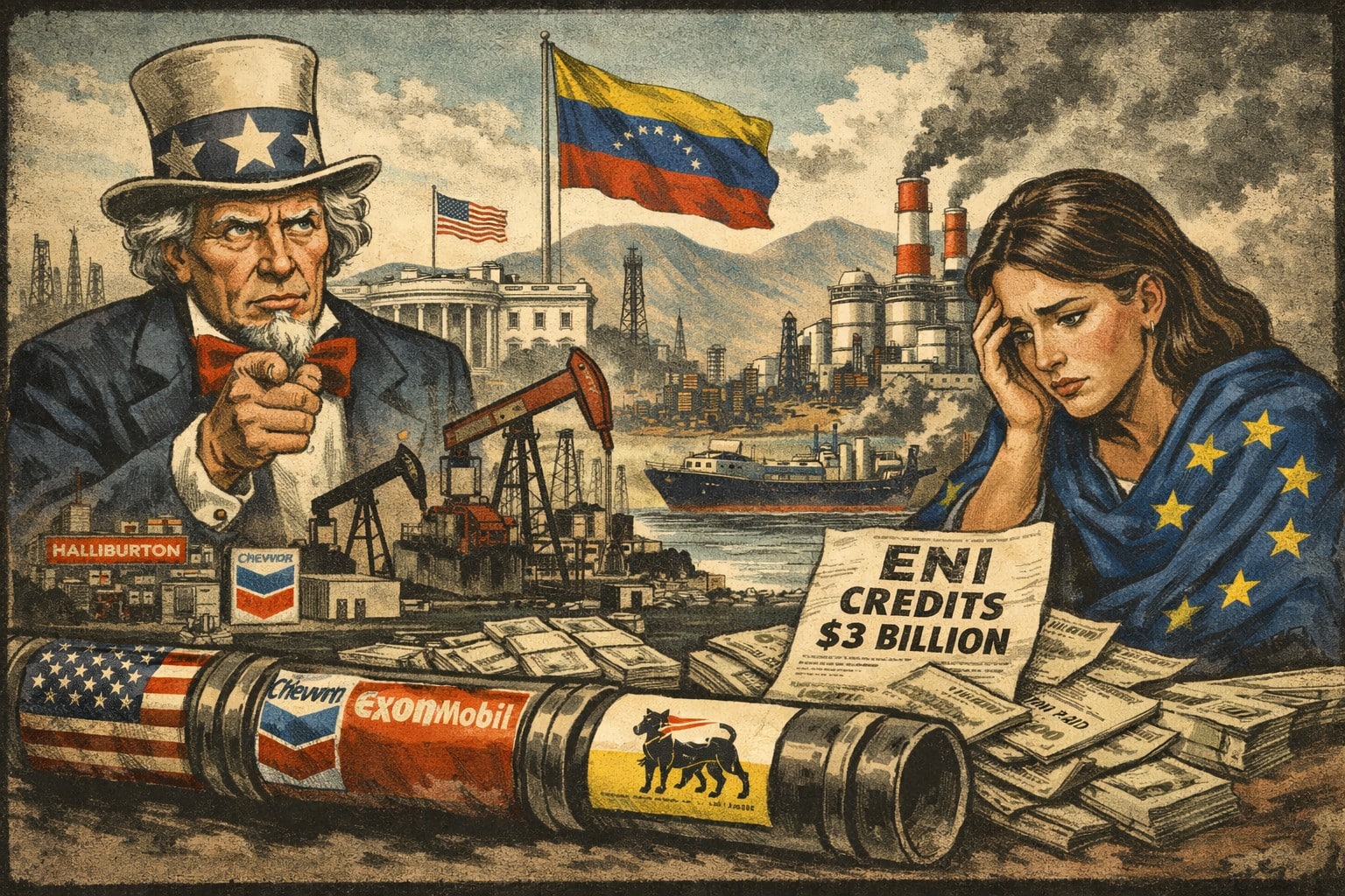 Corsa al petrolio venezuelano dopo il crollo di Maduro, con gli USA in vantaggio e l’Europa in difficoltà, mentre Eni rischia crediti miliardari.