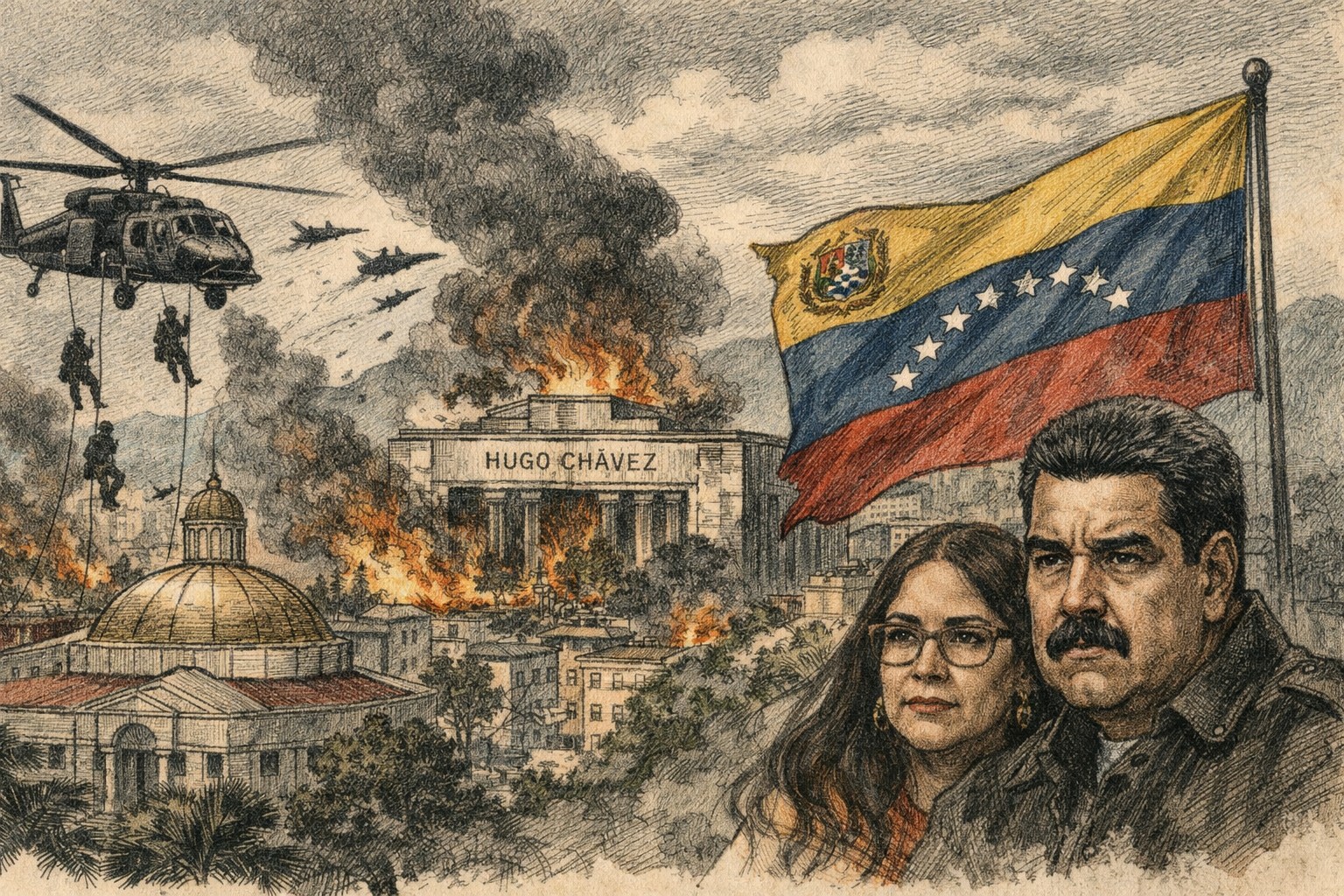 Crisi in Venezuela dopo Maduro, elicotteri militari sopra Caracas in fiamme