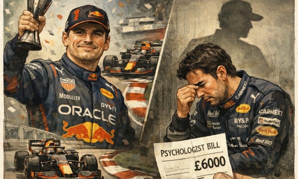 Illustrazione giornalistica di Max Verstappen vincente e Sergio Pérez in difficoltà nel box Red Bull, simbolo delle gerarchie interne al team.