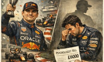 Illustrazione giornalistica di Max Verstappen vincente e Sergio Pérez in difficoltà nel box Red Bull, simbolo delle gerarchie interne al team.