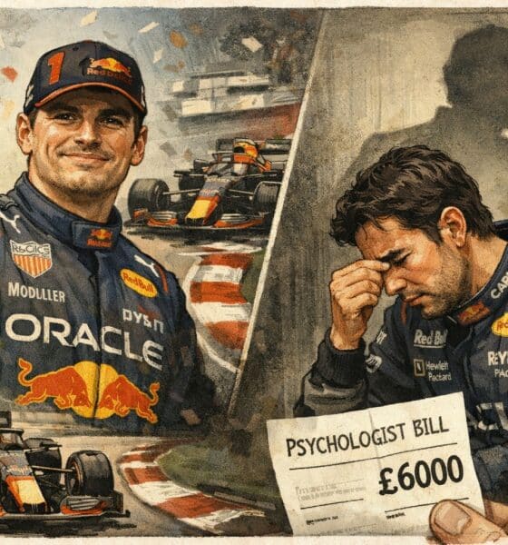 Illustrazione giornalistica di Max Verstappen vincente e Sergio Pérez in difficoltà nel box Red Bull, simbolo delle gerarchie interne al team.