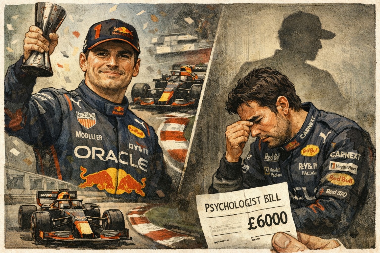 Illustrazione giornalistica di Max Verstappen vincente e Sergio Pérez in difficoltà nel box Red Bull, simbolo delle gerarchie interne al team.