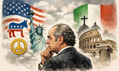Illustrazione editoriale che rappresenta Luca Zaia tra simboli della tradizione italiana e del liberalismo americano