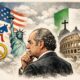 Illustrazione editoriale che rappresenta Luca Zaia tra simboli della tradizione italiana e del liberalismo americano