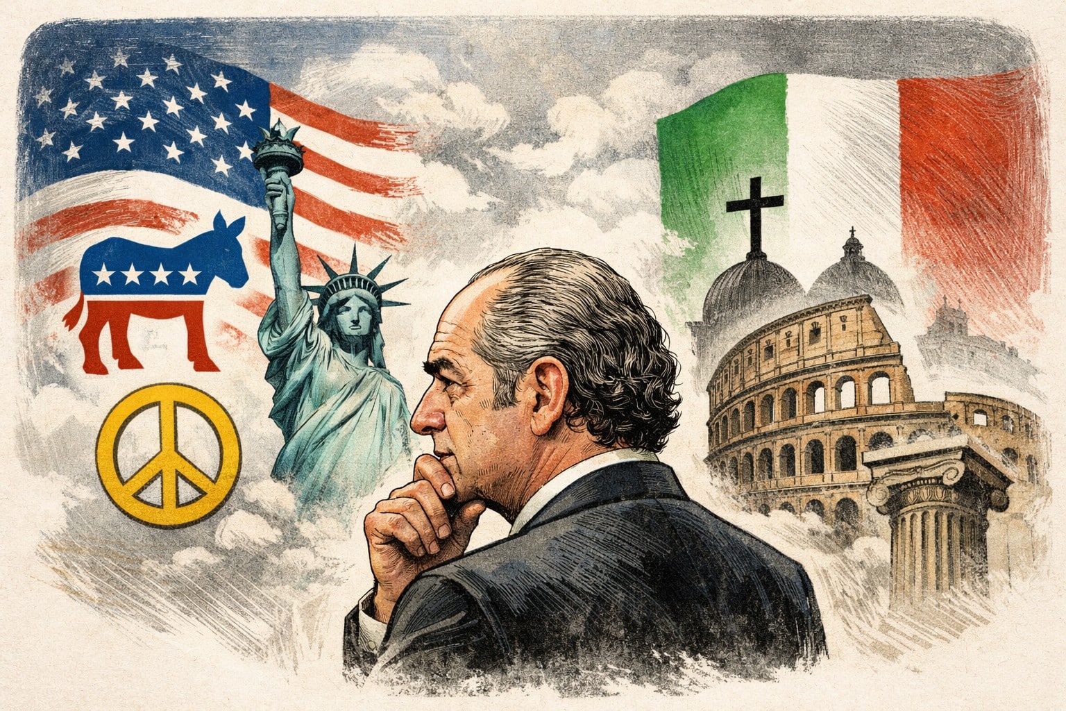 Illustrazione editoriale che rappresenta Luca Zaia tra simboli della tradizione italiana e del liberalismo americano