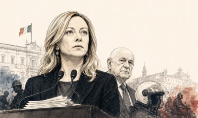 Illustrazione editoriale di Giorgia Meloni e Carlo Nordio sul caso Minetti e sul decreto Lavoro del Governo