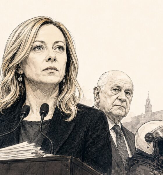 Illustrazione editoriale di Giorgia Meloni e Carlo Nordio sul caso Minetti e sul decreto Lavoro del Governo
