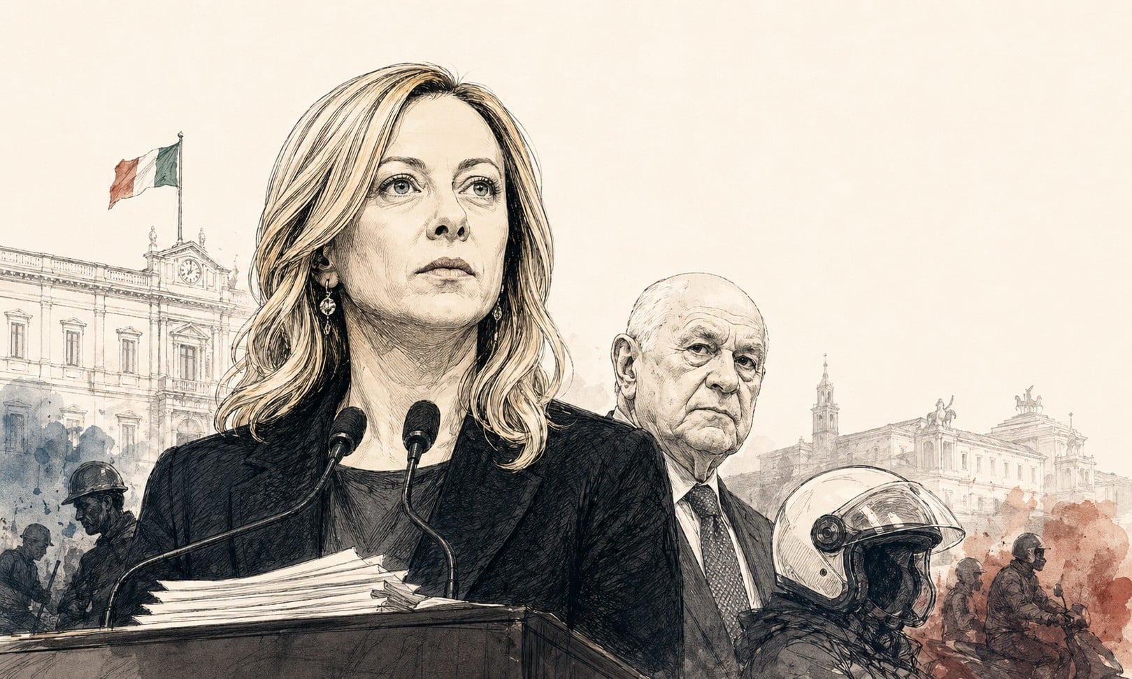 Illustrazione editoriale di Giorgia Meloni e Carlo Nordio sul caso Minetti e sul decreto Lavoro del Governo