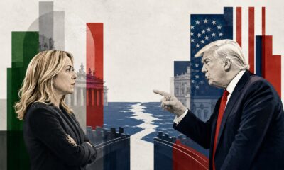 Illustrazione editoriale di Giorgia Meloni e Donald Trump in confronto simbolico tra Italia e Stati Uniti, sul tema della sovranità nazionale e dei rapporti con l’alleanza occidentale.