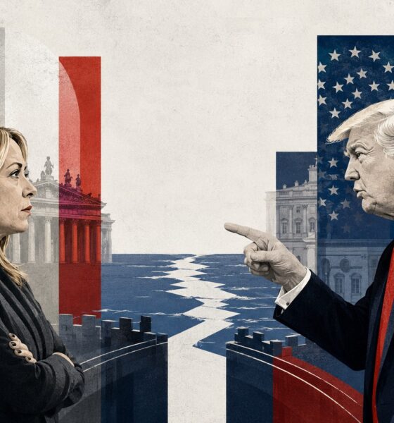 Illustrazione editoriale di Giorgia Meloni e Donald Trump in confronto simbolico tra Italia e Stati Uniti, sul tema della sovranità nazionale e dei rapporti con l’alleanza occidentale.