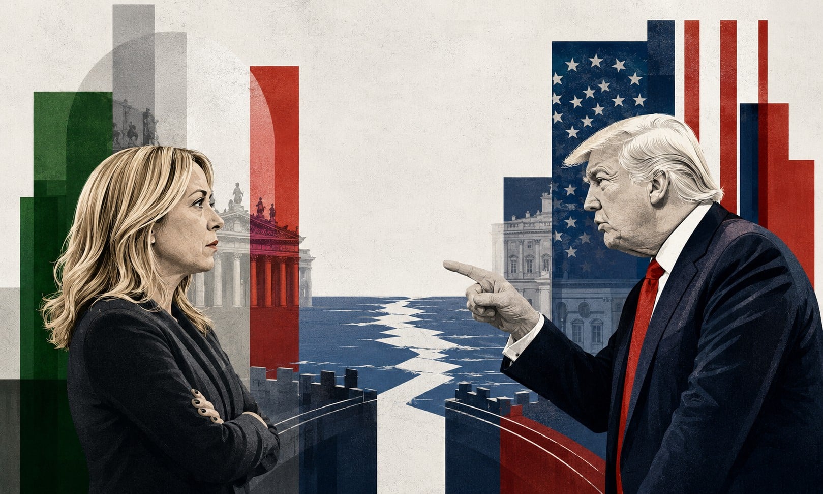 Illustrazione editoriale di Giorgia Meloni e Donald Trump in confronto simbolico tra Italia e Stati Uniti, sul tema della sovranità nazionale e dei rapporti con l’alleanza occidentale.