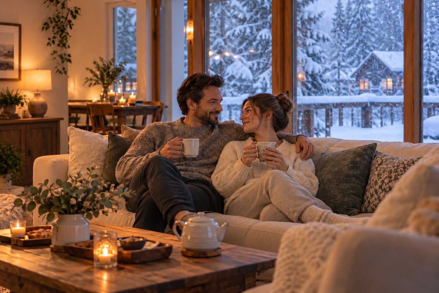 Coppia sul divano e nevicata fuori casa