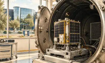 Illustrazione di un satellite compatto all’interno di una camera termovuoto in un ambiente industriale pulito.